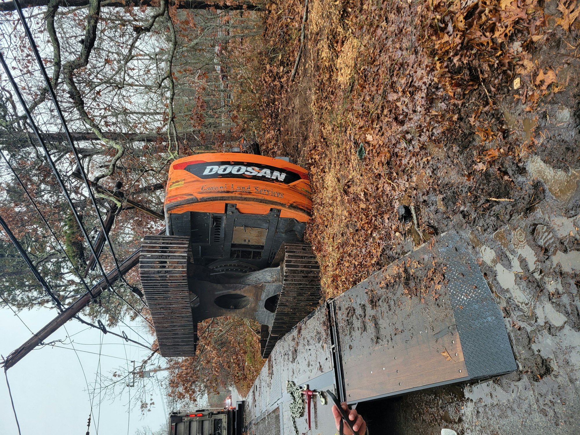 The image shows a Doosan heavy machinery vehicle on muddy ground, with fallen leaves and power lines in the background.