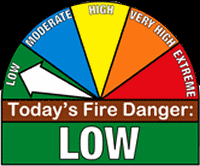 Today's fire danger is indicated as "LOW" on a colored scale with an arrow.