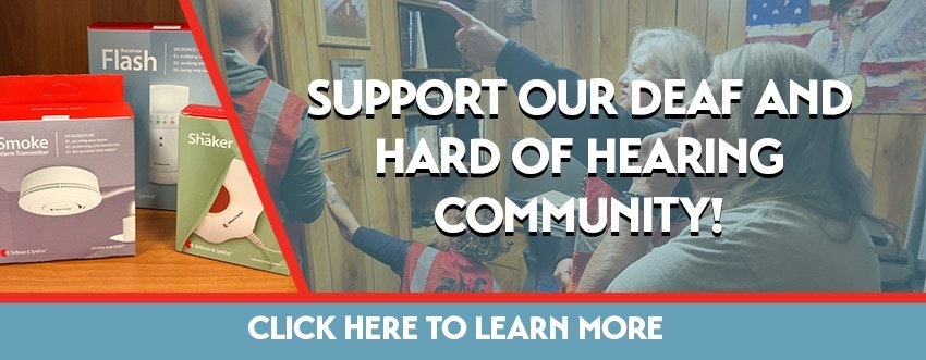 A banner showing support for the deaf and hard of hearing community with images of assistive devices and people interacting.