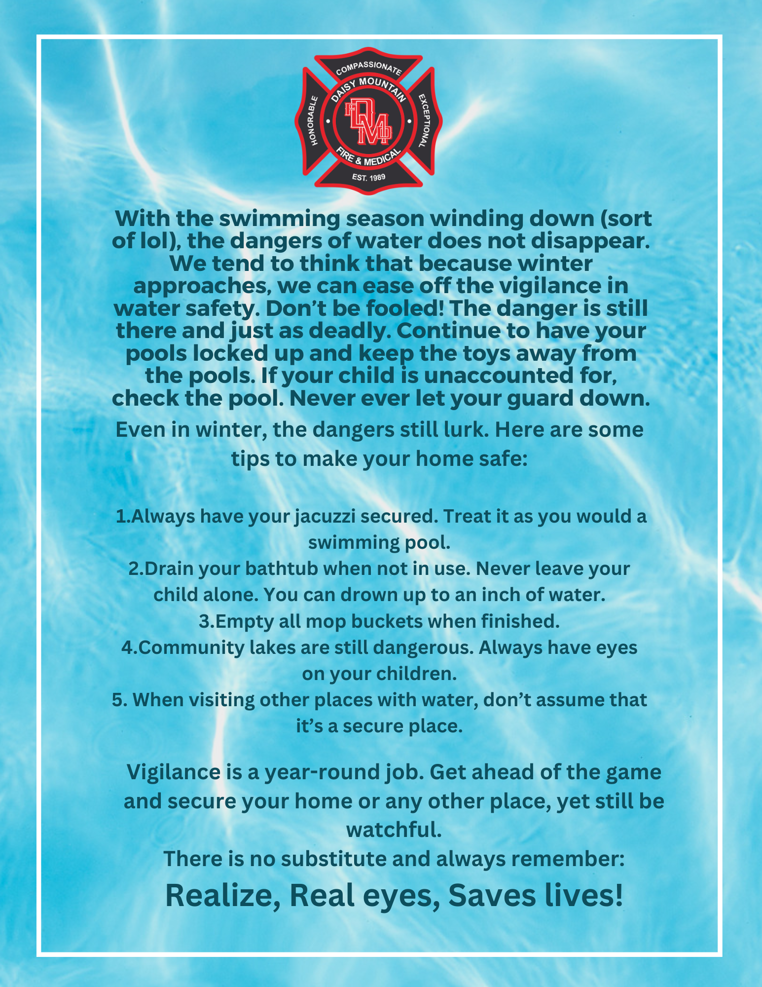 A water safety poster with tips to prevent drowning, emphasizing vigilance around water even in the winter season.