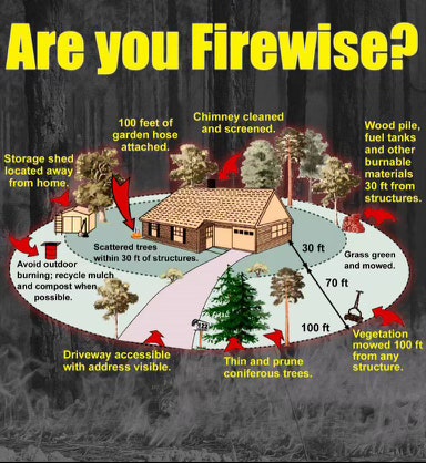 An infographic on being "Firewise," showing a home with tips on reducing wildfire risk, like vegetation management and maintaining clean surroundings.