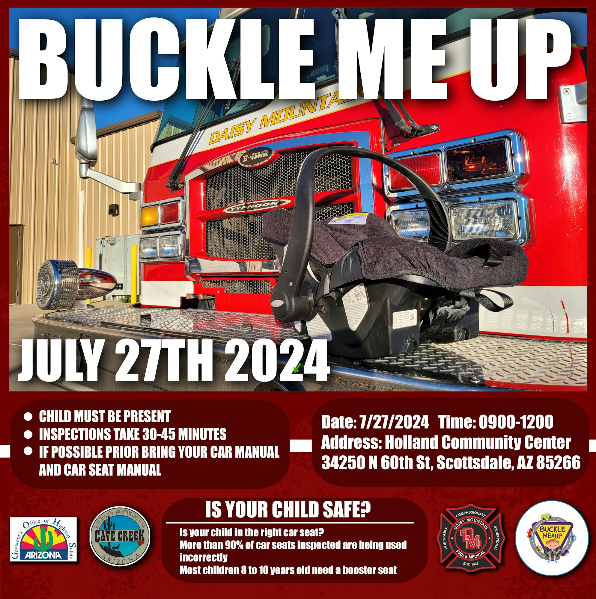 A flyer for a child car seat safety event with a fire truck and a car seat. Date: July 27, 2024.