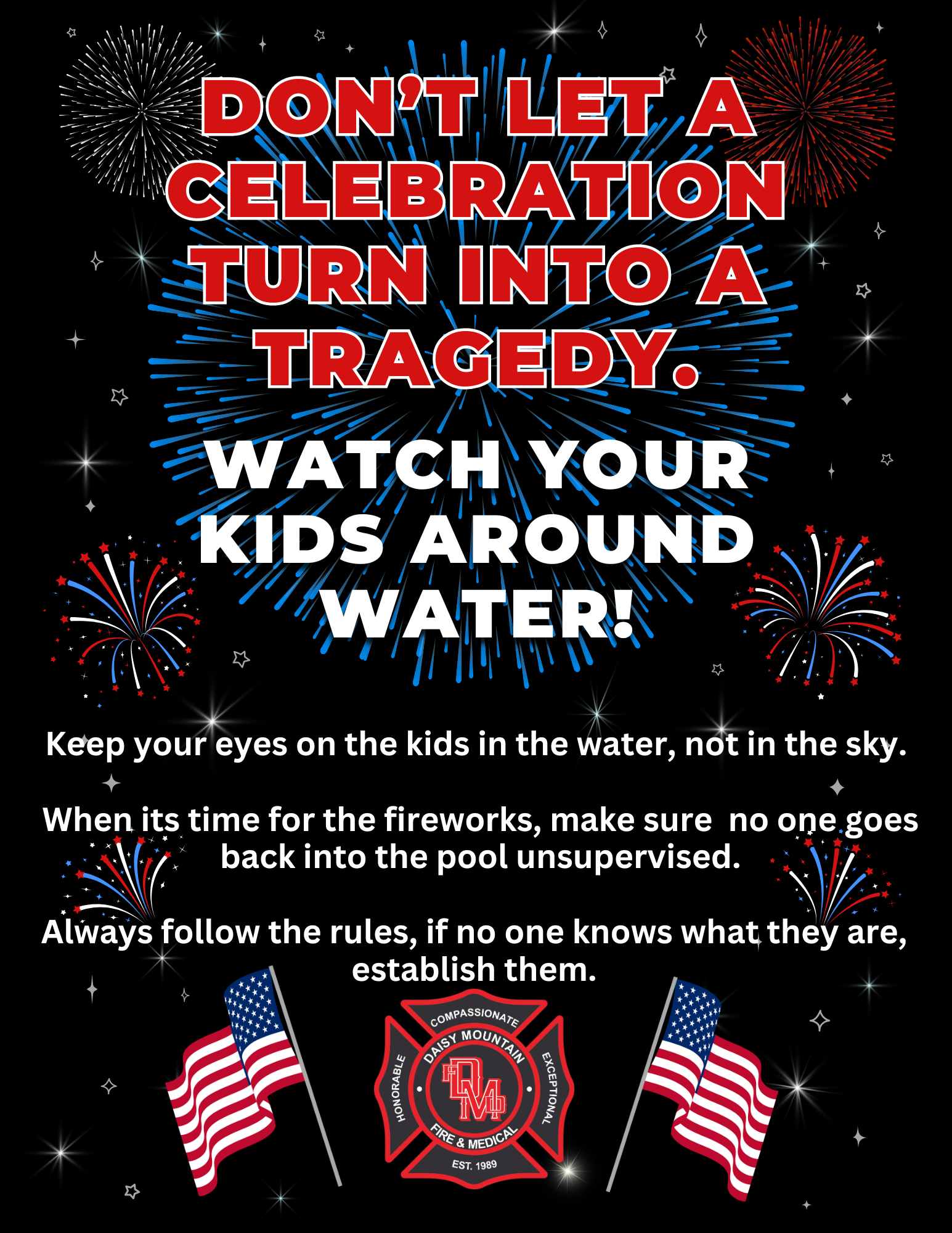 A safety poster with text and graphics warning to watch kids around water during celebrations to prevent drowning tragedies.