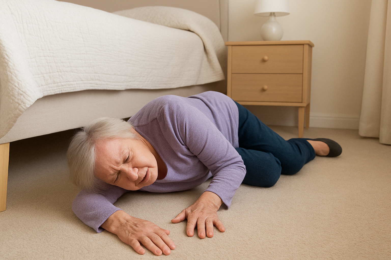 A person laying on the floor beside a bed, appearing to be in distress.