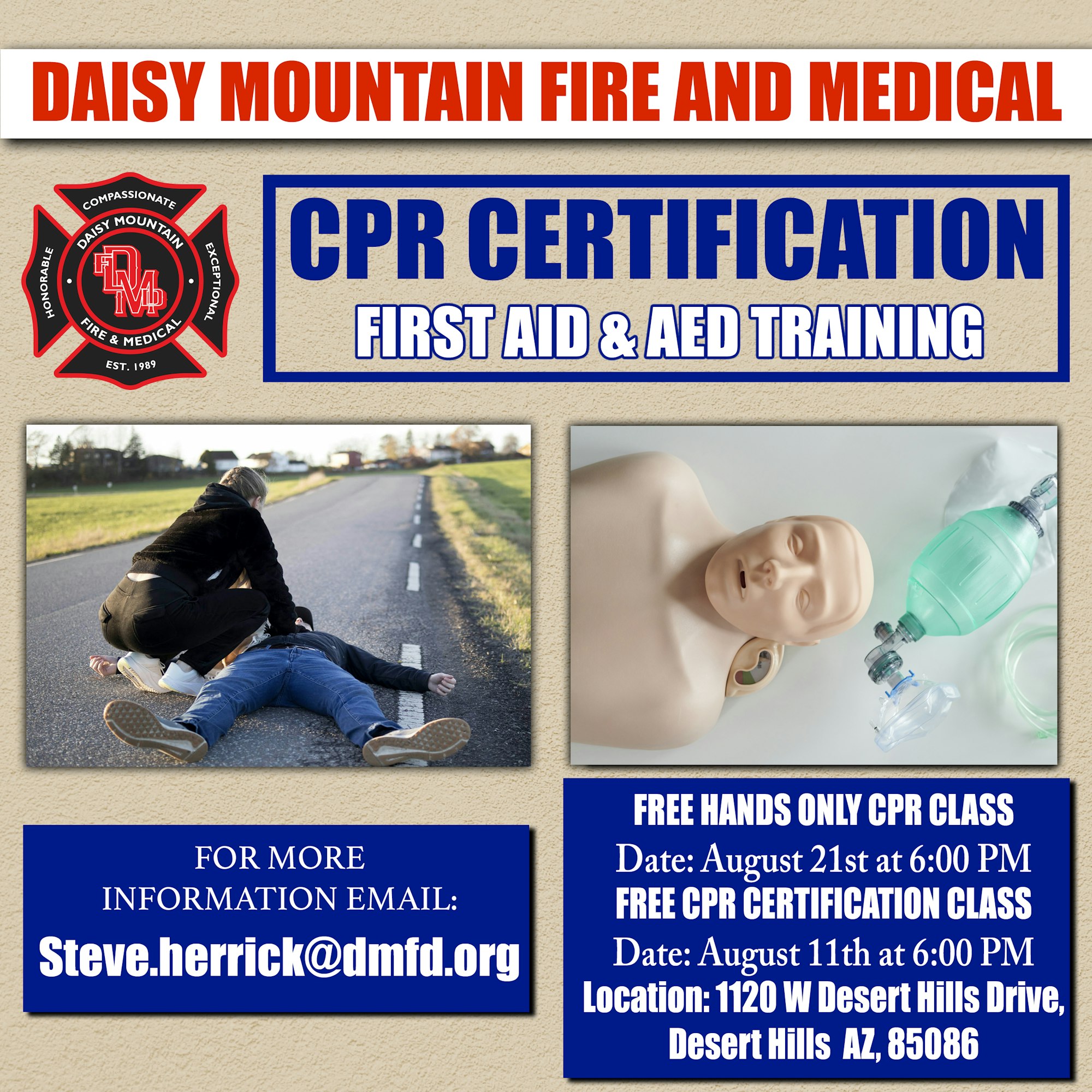 CPR certification flyer by Daisy Mountain Fire and Medical. Includes class dates, contact info, and images of CPR practice.
