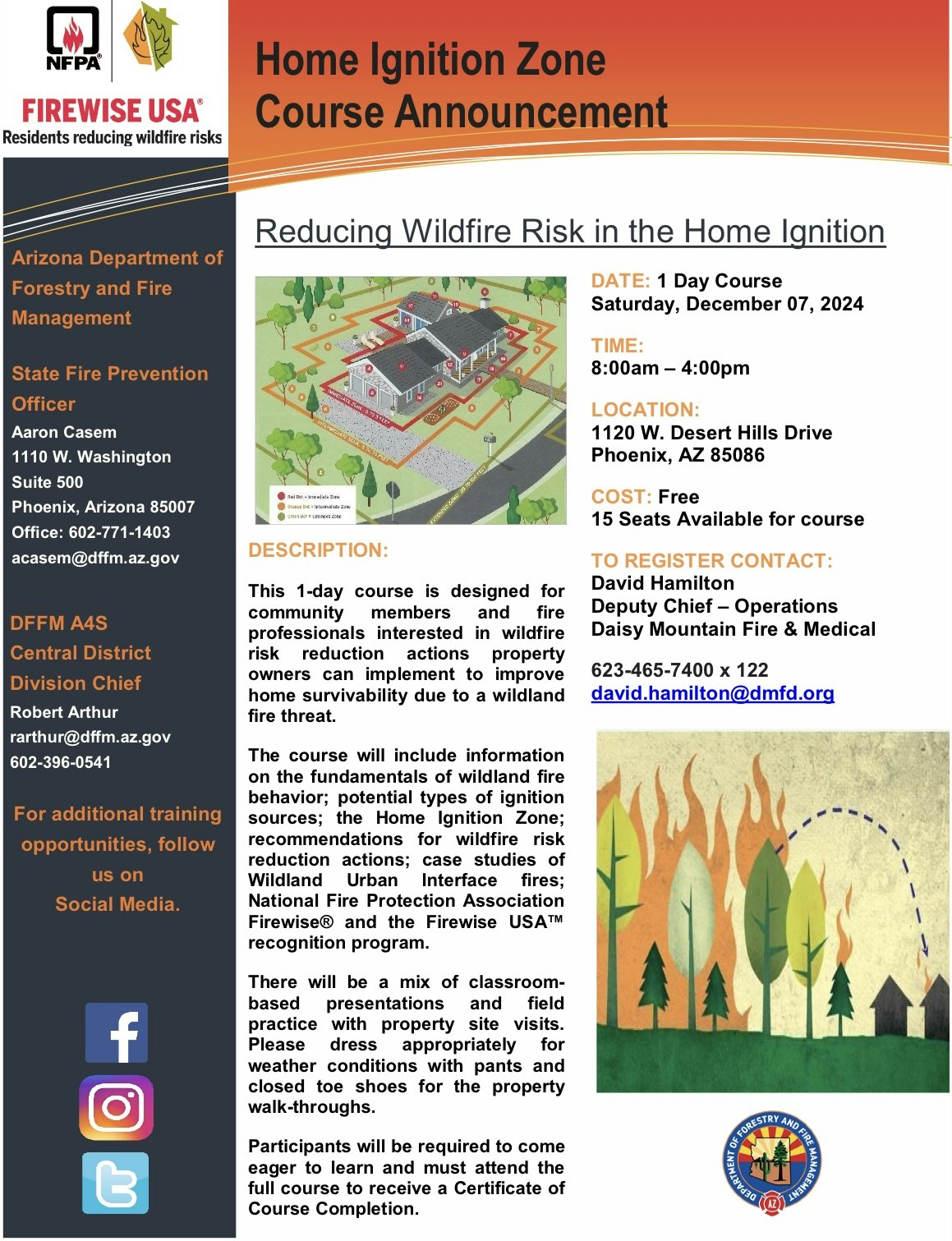 Flyer for a Home Ignition Zone course to reduce wildfire risk on Dec 7, 2024, in Phoenix, AZ. Free, 15 seats, registration info included.