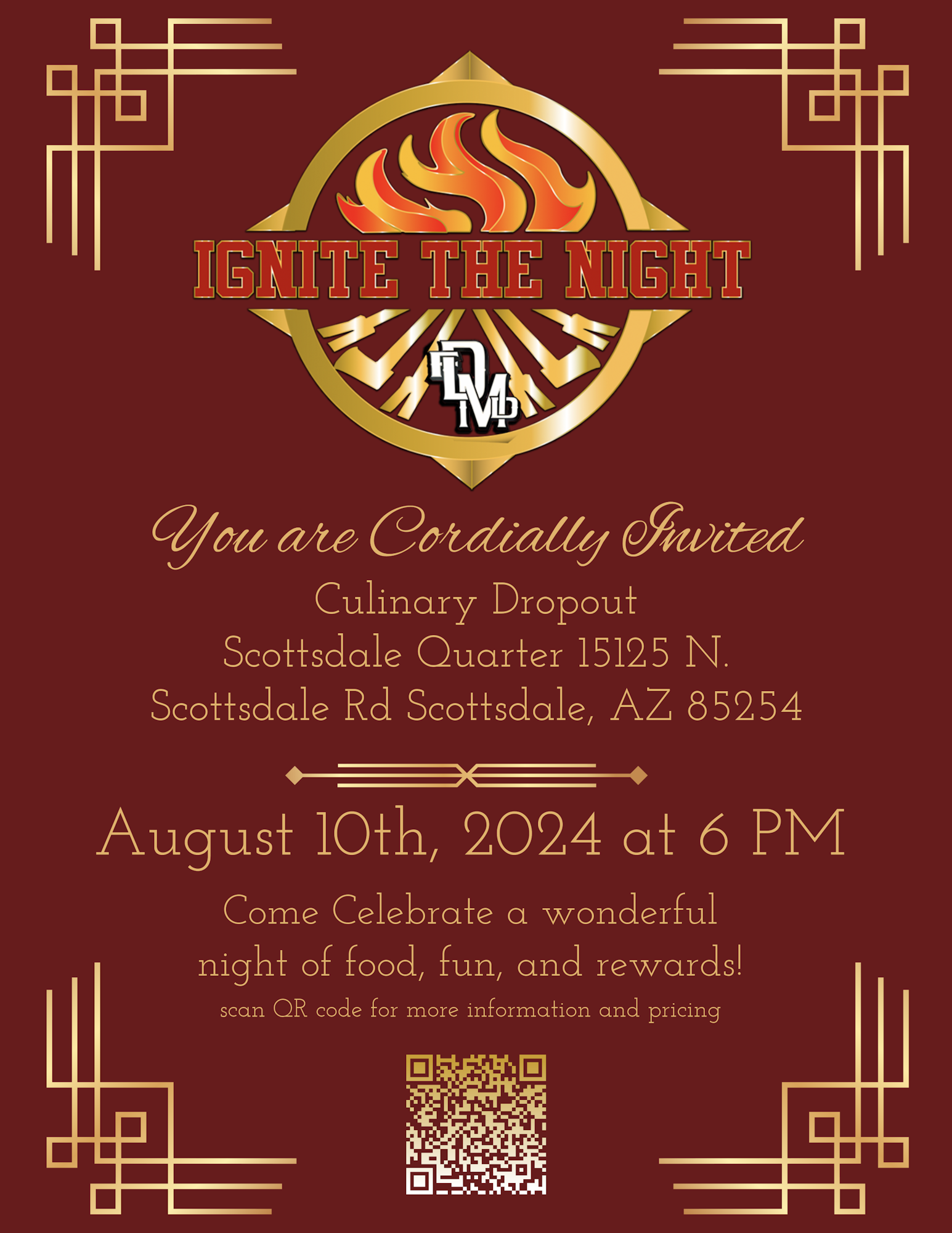 An invitation to "IGNITE THE NIGHT" event on August 10th, 2024, with a QR code for more info.