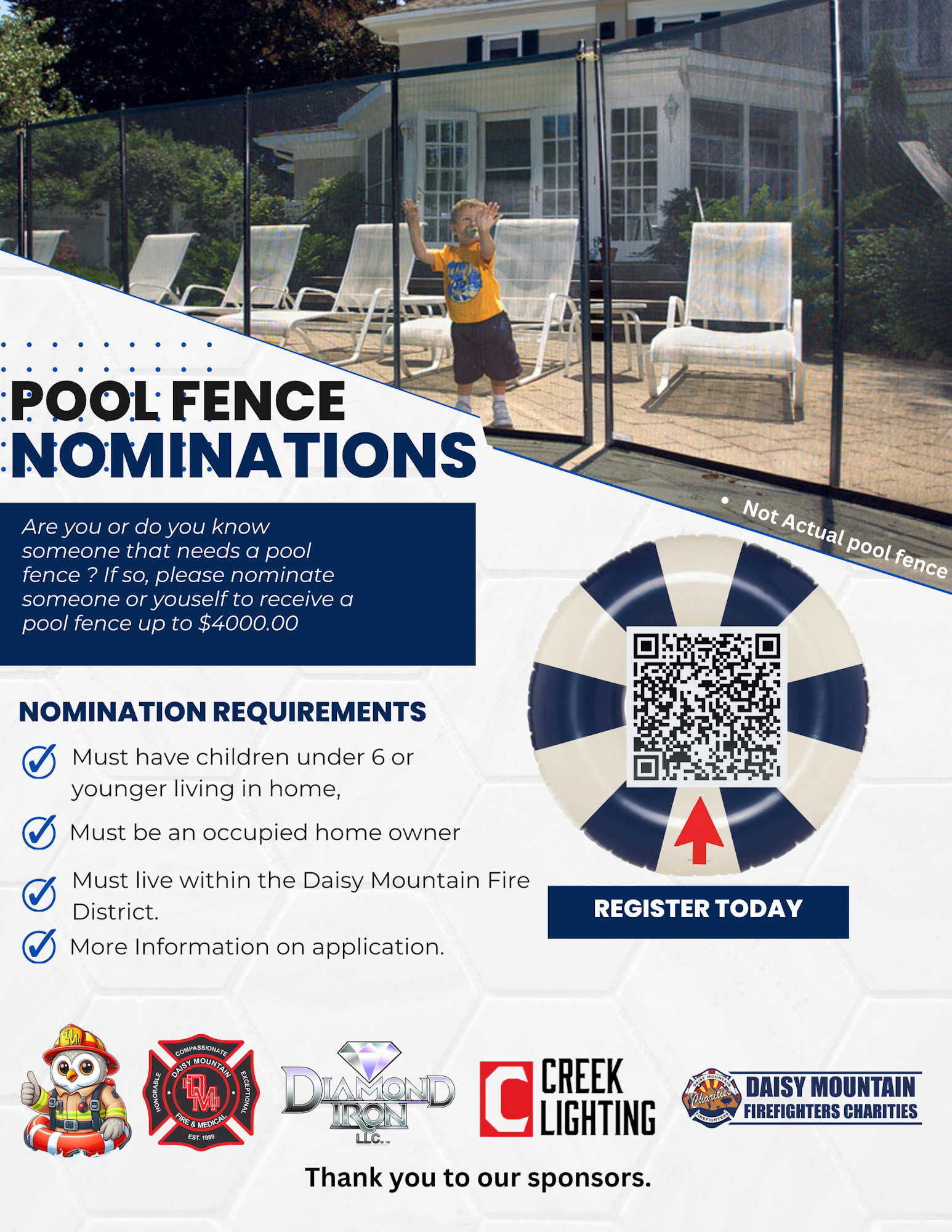 Pool fence nominations flyer for families with children under 6 in the Daisy Mountain Fire District. Register via QR code.