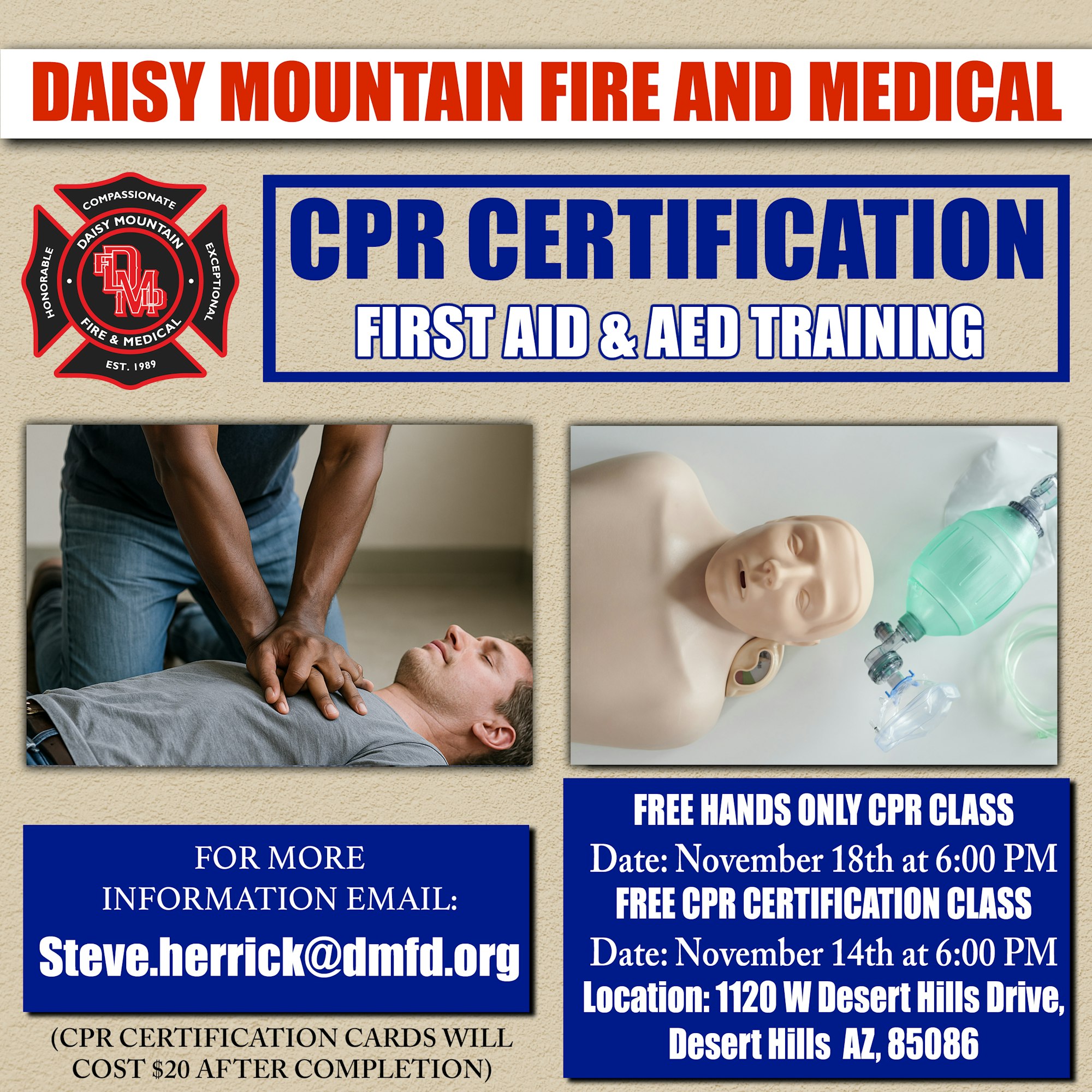 CPR and First Aid training by Daisy Mountain Fire and Medical. Free classes on Nov 14 and 18 in Desert Hills, AZ.
