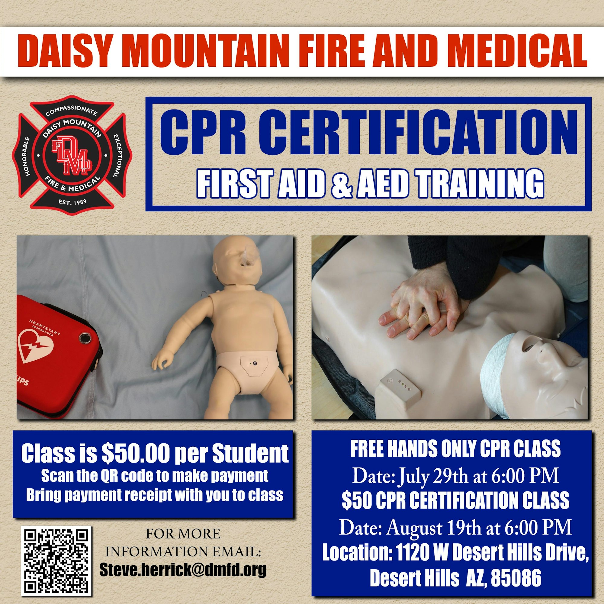 An ad for CPR certification and first aid training by Daisy Mountain Fire and Medical, with an image of a CPR manikin and AED.