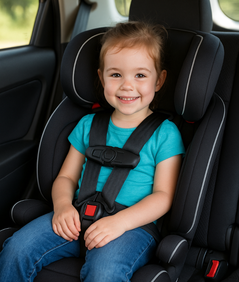 A child smiling while seated in a car seat, wearing a turquoise shirt and jeans.