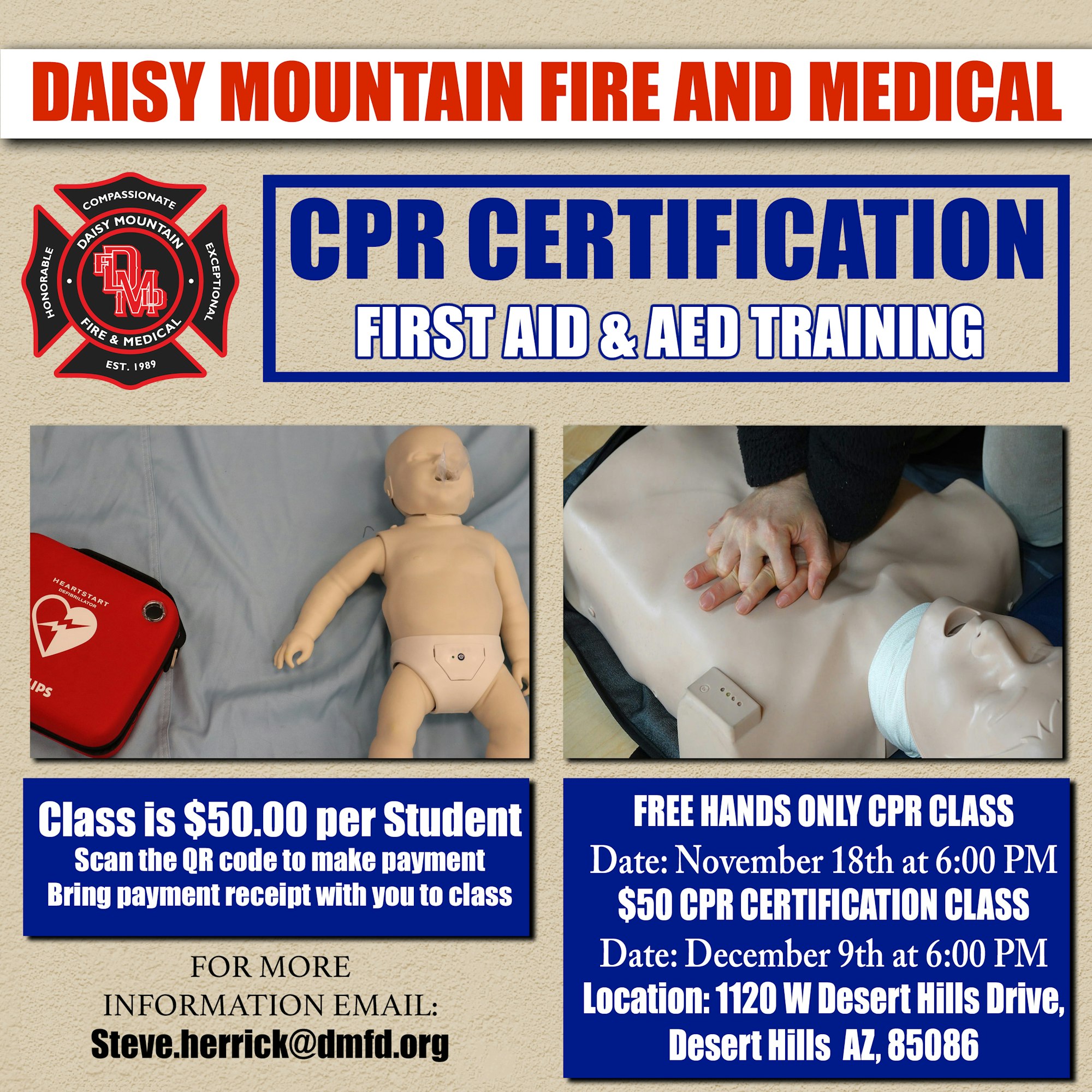 CPR certification flyer with a mannequin & AED showing class details for Daisy Mountain Fire and Medical.