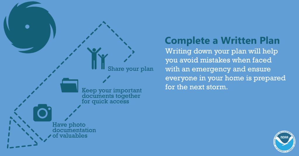 Complete a written emergency plan, share it, keep documents accessible, and photo-document valuables.