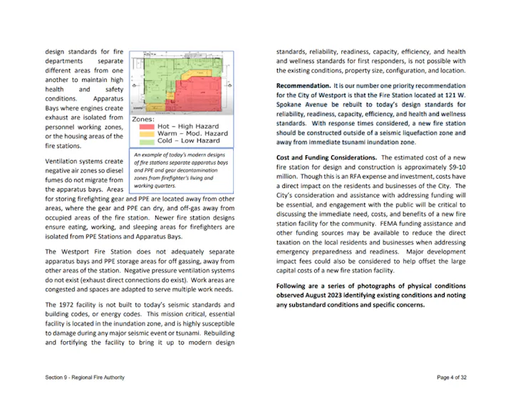 The text discusses fire station design standards, safety concerns, recommendations for rebuilding, and estimated construction costs.