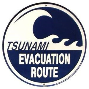 A circular sign saying "Tsunami Evacuation Route" with a wave icon.