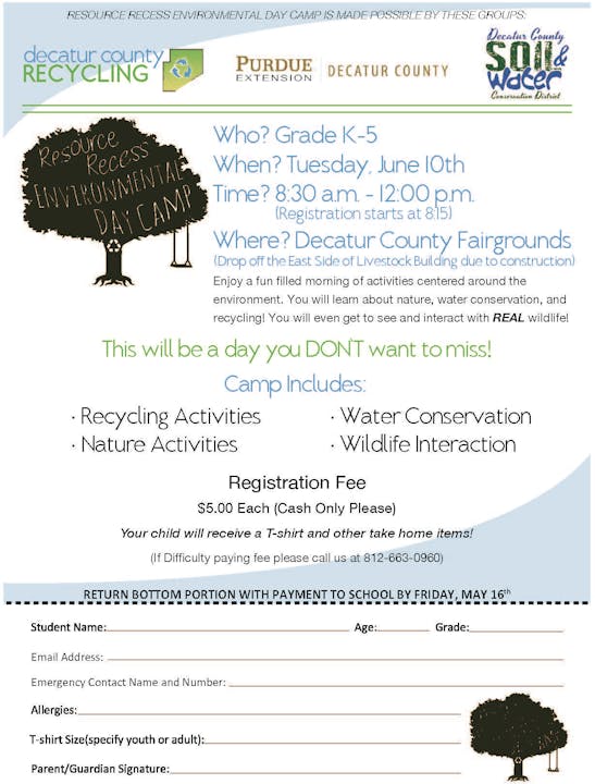 Resource Recess Environmental Day Camp flyer for K-5; June 10 at Decatur County Fairgrounds. Activities: recycling, nature, water, wildlife.