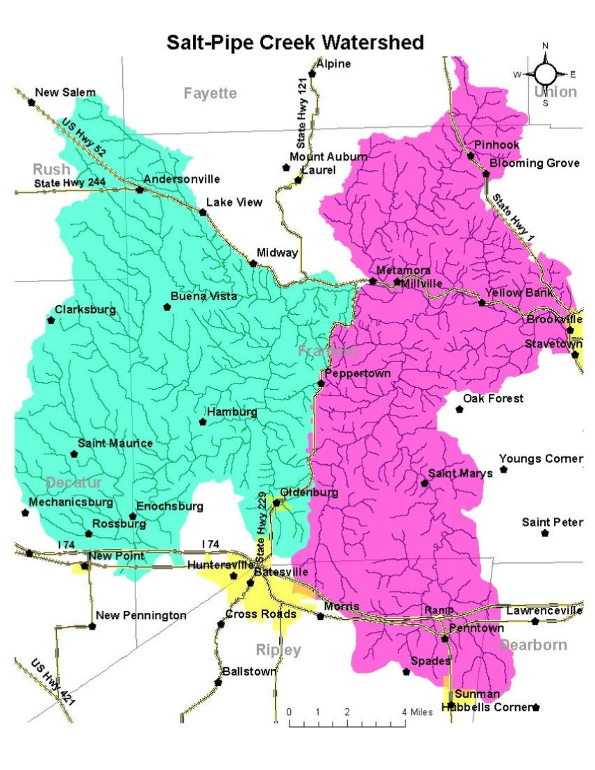 Map of Salt-Pipe Creek Watershed with labeled towns, roads, and color-coded sub-watershed areas.