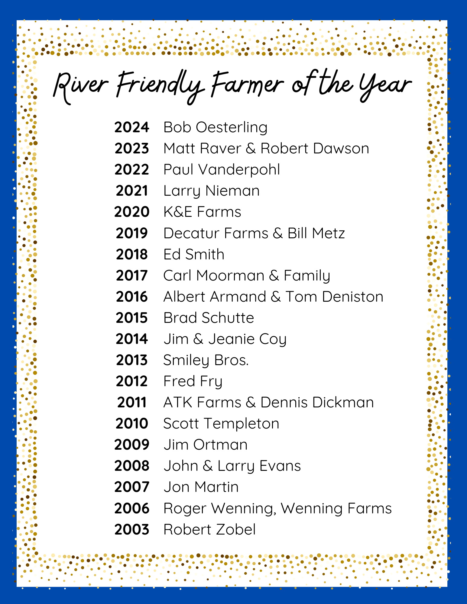 A list titled "River Friendly Farmer of the Year" from 2003 to 2024. 2023-Matt Raver & Robert Dawson, 2022-Paul Vanderpohl, 2021-Larry Nieman, 2020-K & E Farms, 2019-Decatur Farms & Bill Metz, 2018-Ed Smith, 2017-Carl Moorman & Family, 2016-Albert Armand & Tom Deniston, 2015-Brad Schutte, 2014-Jim & Jeanie Coy, 2013-Smiley Bros. 2012-Fred Fry, 2011-ATK Farms & Dennis Dickman, 2010-Scott Templeton, 2009-Jim Ortman, 2008-John & Larry Evans, 2007-Jon Martin, 2006-Roger Wenning, Wenning Farms, 2003-Robert Zobel