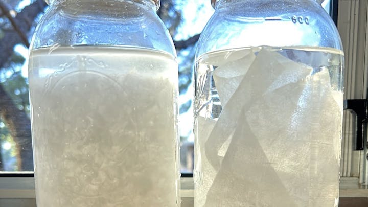 Two jars with clear liquids, one cloudy, against a bright background, possibly a science experiment.