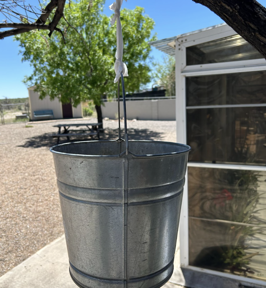 A hanging metal bucket with a knotted cloth, outdoor setting with trees and building in background.
