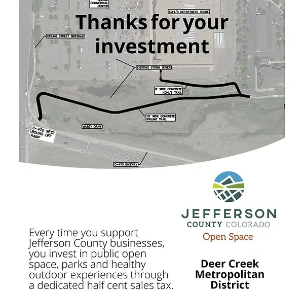 Map of Deer Creek Metropolitan District in Jefferson County, with a thank you note for supporting public spaces.