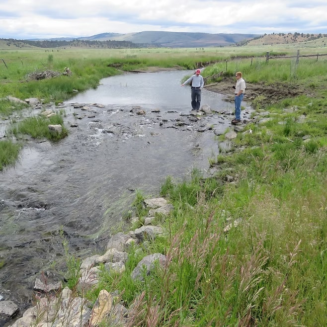 Two people standing near a small stream in a grassy field with hills in the background.