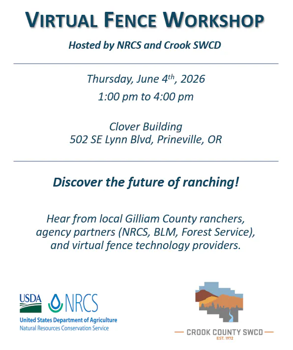 Virtual Fence Workshop in Prineville, OR, on June 4, 2026. Learn about ranching and virtual fence tech. 1-4 PM at Clover Building.