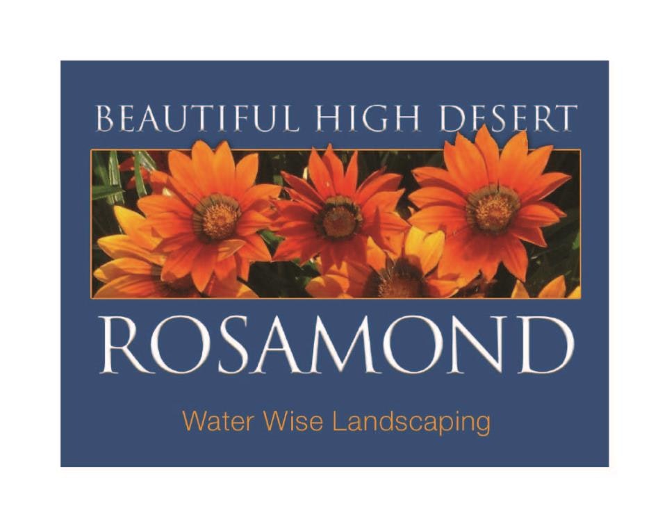 Image with bright orange flowers, text "BEAUTIFUL HIGH DESERT ROSAMOND" and "Water Wise Landscaping".