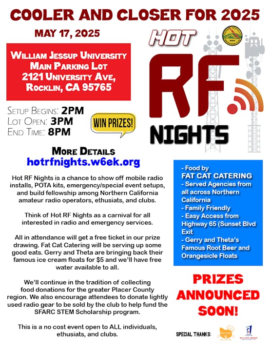 Hot RF Nights event at William Jessup University, May 17, 2025, 2-8 PM. Mobile radio setups, prizes, catering, and free entry.