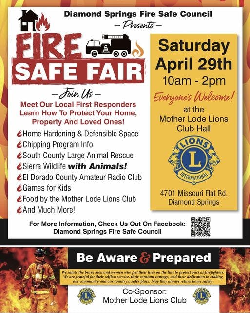 Diamond Springs Fire Safe Council flyer for Fire Safe Fair on April 29, 2023