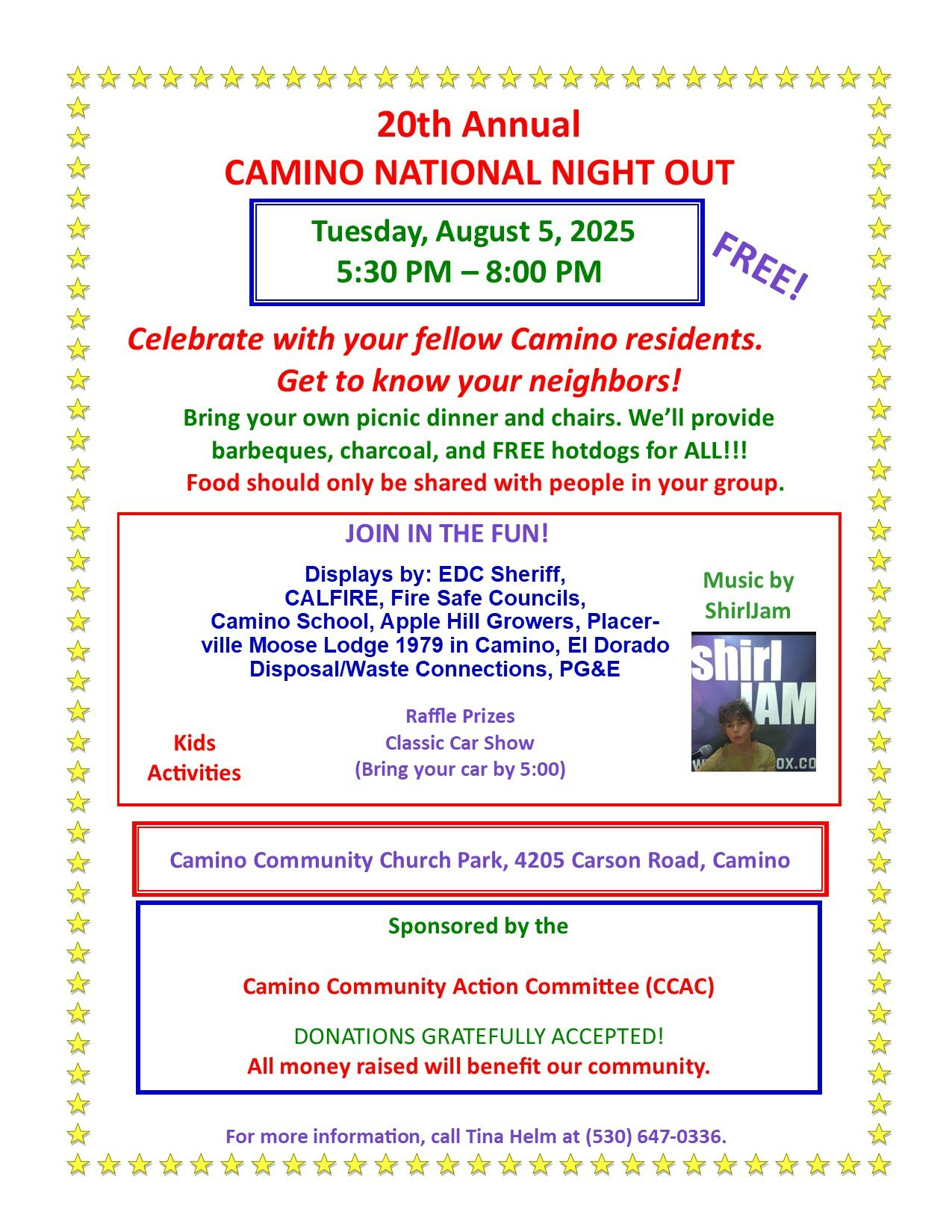 Camino National Night Out on Aug 5, 2025, 5:30-8 PM at Camino Community Church Park. Free event with food, music, activities, and displays.