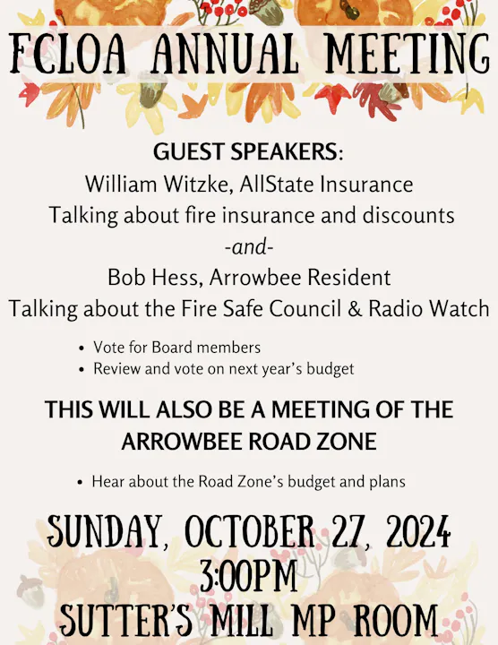 FCLOA Annual Meeting flyer listing Bob Hess as a speaker for the Community Emergency Radio Association's Neighborhood Radio Watch program