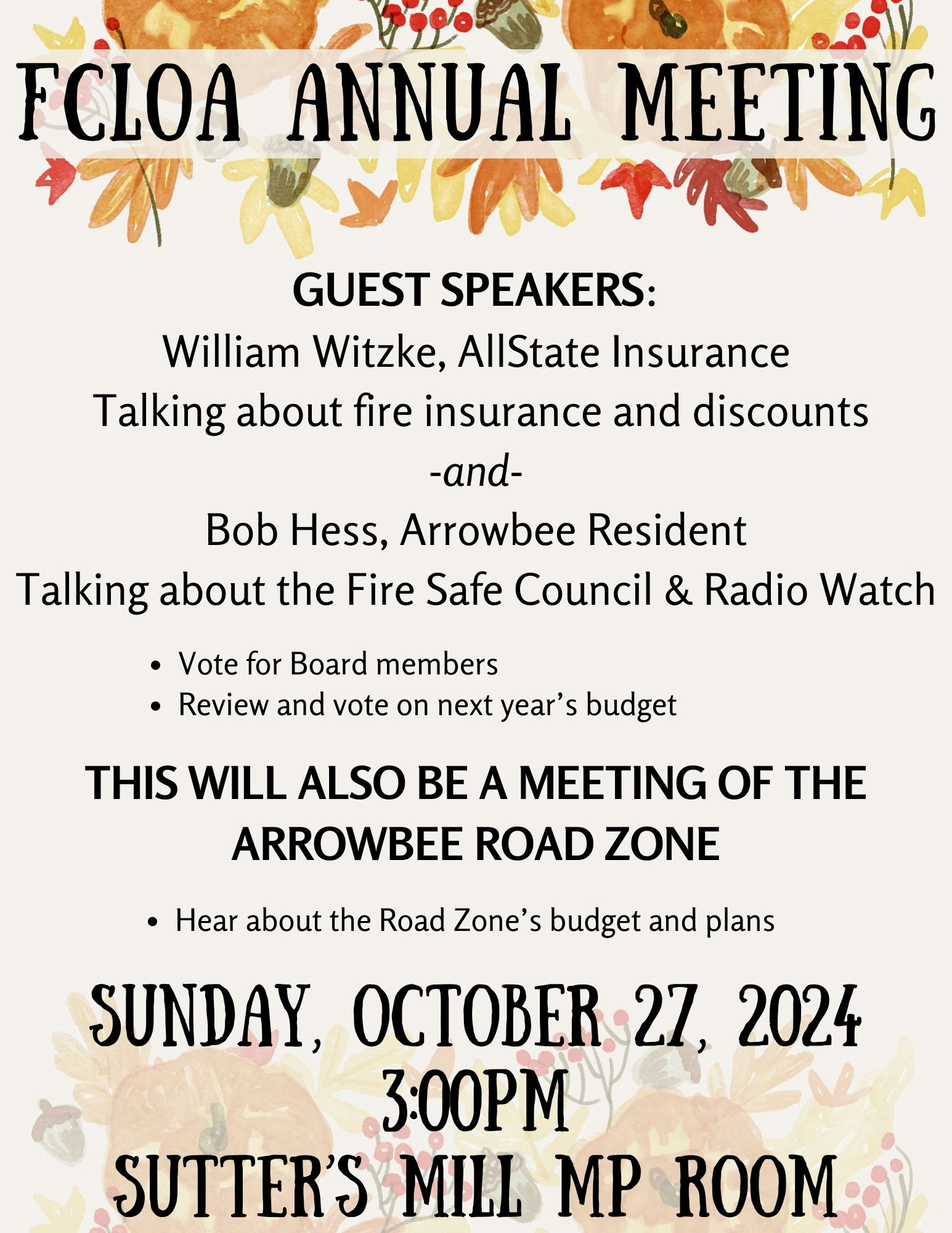 FCLOA Annual Meeting flyer listing Bob Hess as a speaker for the Community Emergency Radio Association's Neighborhood Radio Watch program