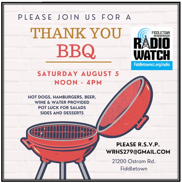 Fiddletown Neighborhood Radio Watch BBQ Flyer - August 5, 2023