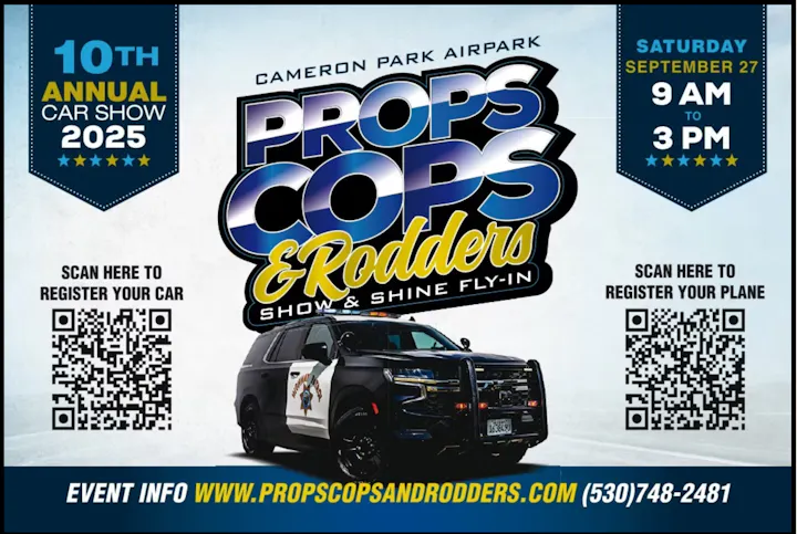 Car show flyer: "Props, Cops & Rodders" at Cameron Park Airpark, Sept 27, 2025, 9 AM-3 PM. Registration QR codes for cars and planes.