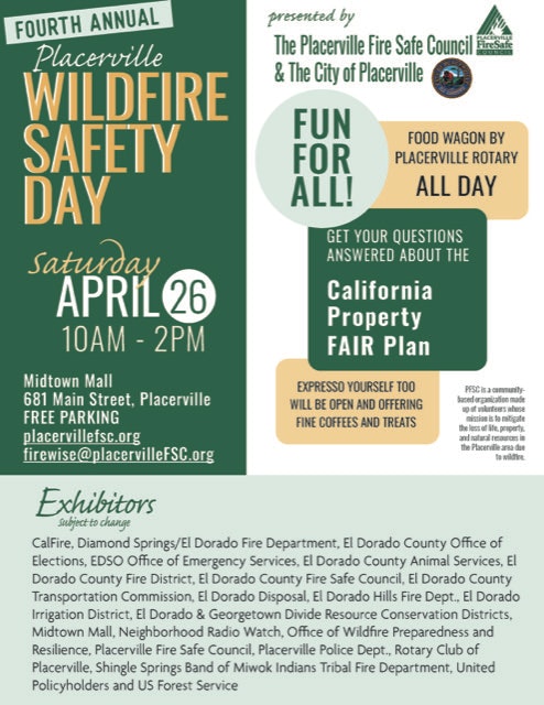 Poster for the Fourth Annual Placerville Wildfire Safety Day on April 26, 10AM-2PM at Midtown Mall, featuring exhibitors and activities.