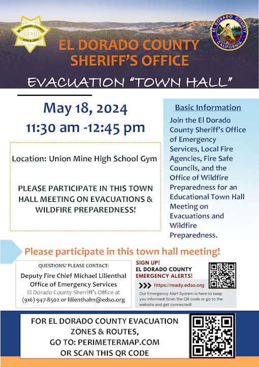 Flyer for an Evacuation Town Hall by El Dorado County Sheriff's Office on May 18, 2024, for wildfire preparedness, with contact info and QR code.
