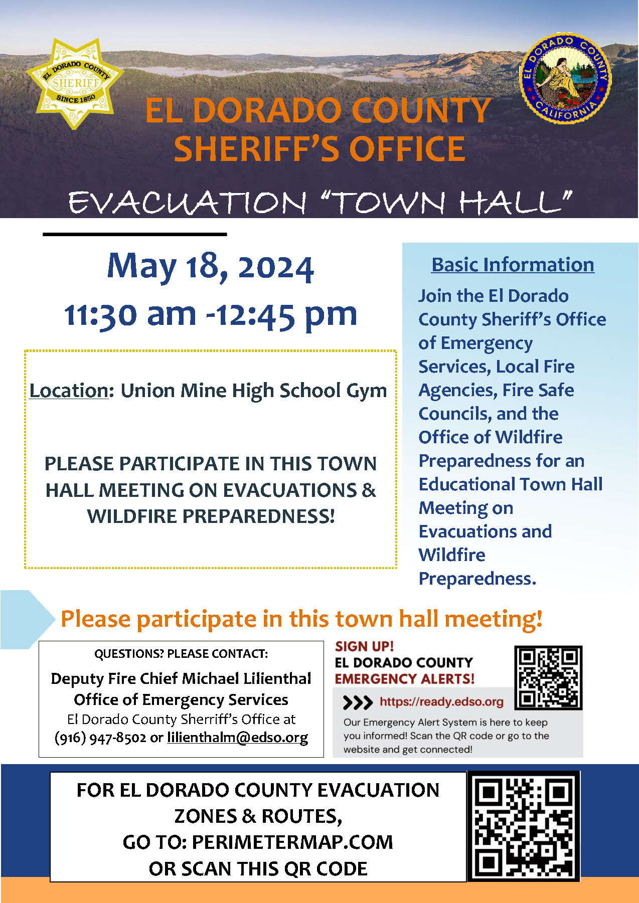 Flyer for an Evacuation Town Hall by El Dorado County Sheriff's Office on May 18, 2024, for wildfire preparedness, with contact info and QR code.