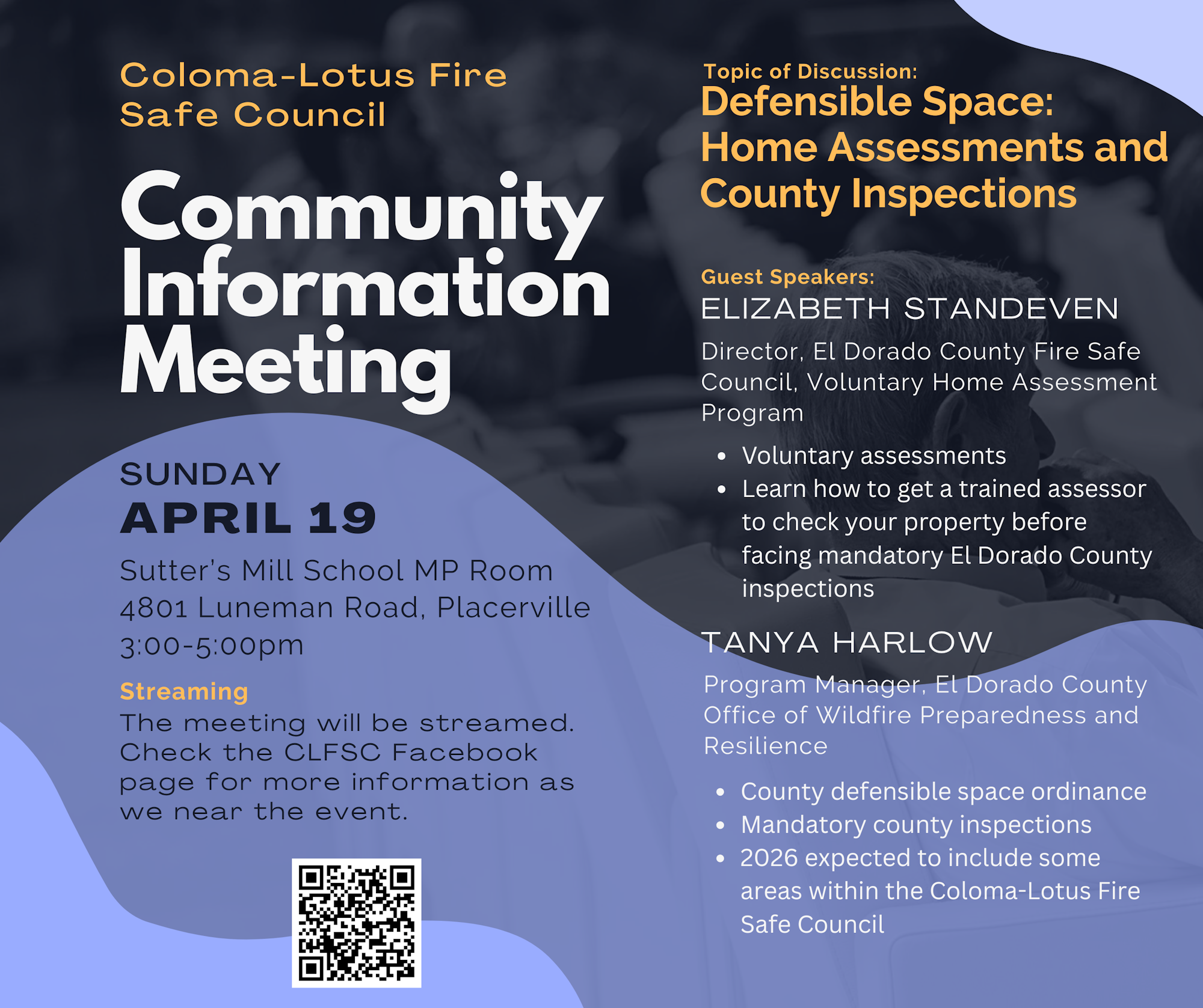 Community meeting on April 19 about fire safety assessments and inspections. Guest speakers: Elizabeth Standeven and Tanya Harlow.