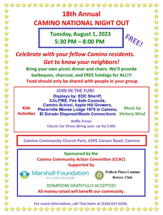 Community event in Camino on Aug 1, 2023, 5:30-8 PM. Free hotdogs, music, activities, and a classic car show! Join the fun!