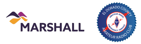 Two logos: "MARSHALL" with a stylized 'M', and "El Dorado County Amateur Radio Club" with an emblem.