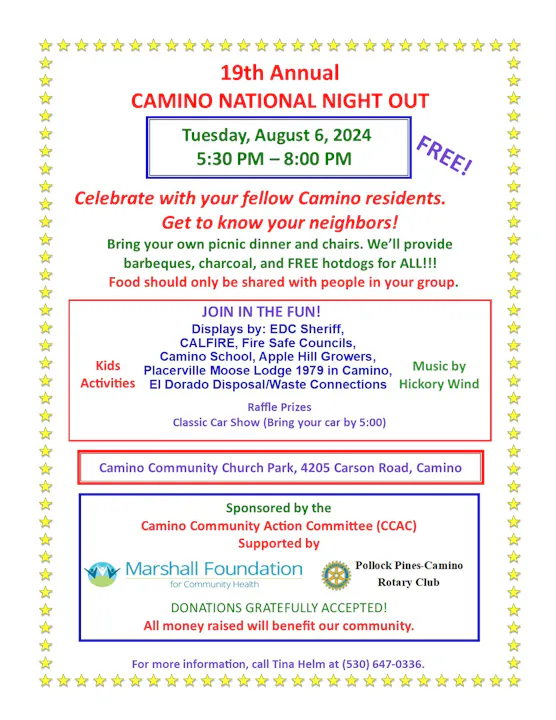 Flyer for the 19th Annual Camino National Night Out, a community event on August 6, 2024, with food, activities, and music.