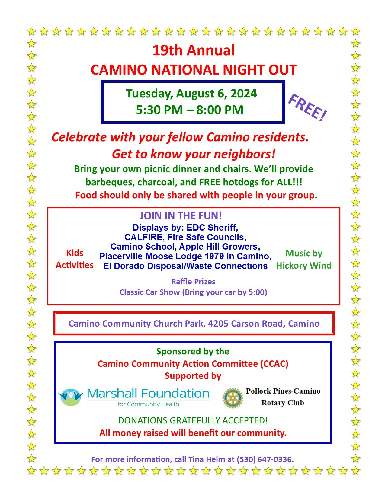 Flyer for the 19th Annual Camino National Night Out, a community event on August 6, 2024, with food, activities, and music.