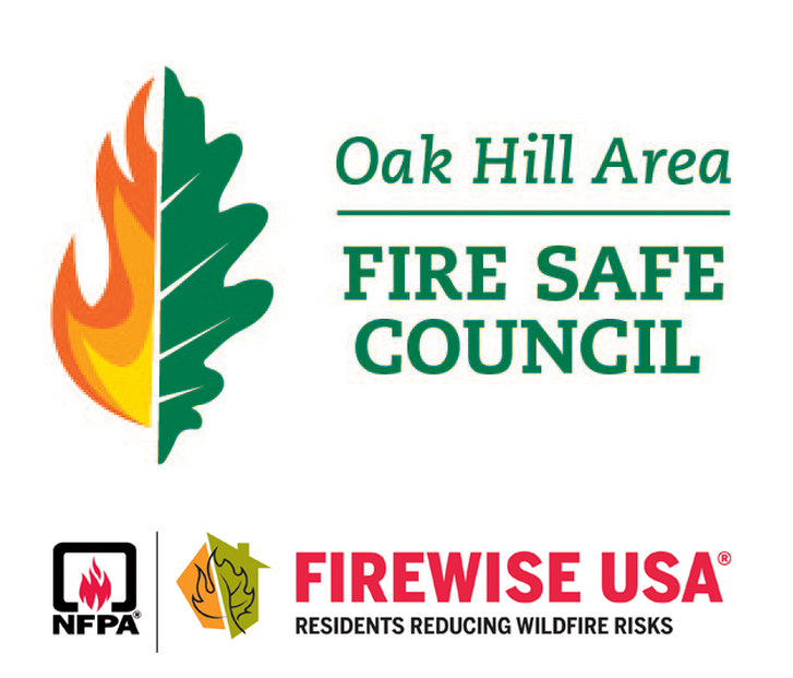 The image shows logos associated with fire safety, including the "Oak Hill Area Fire Safe Council" and "FIREWISE USA®".