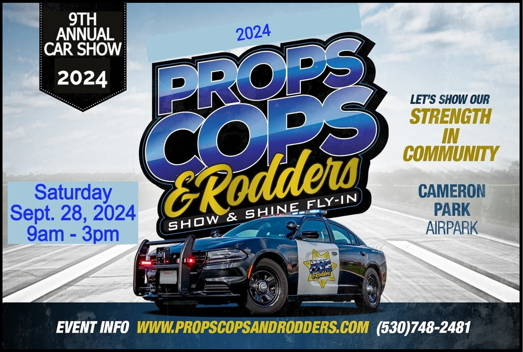 Flyer for "Props, Cops & Rodders" car show on Sept. 28, 2024, at Cameron Park Airpark.