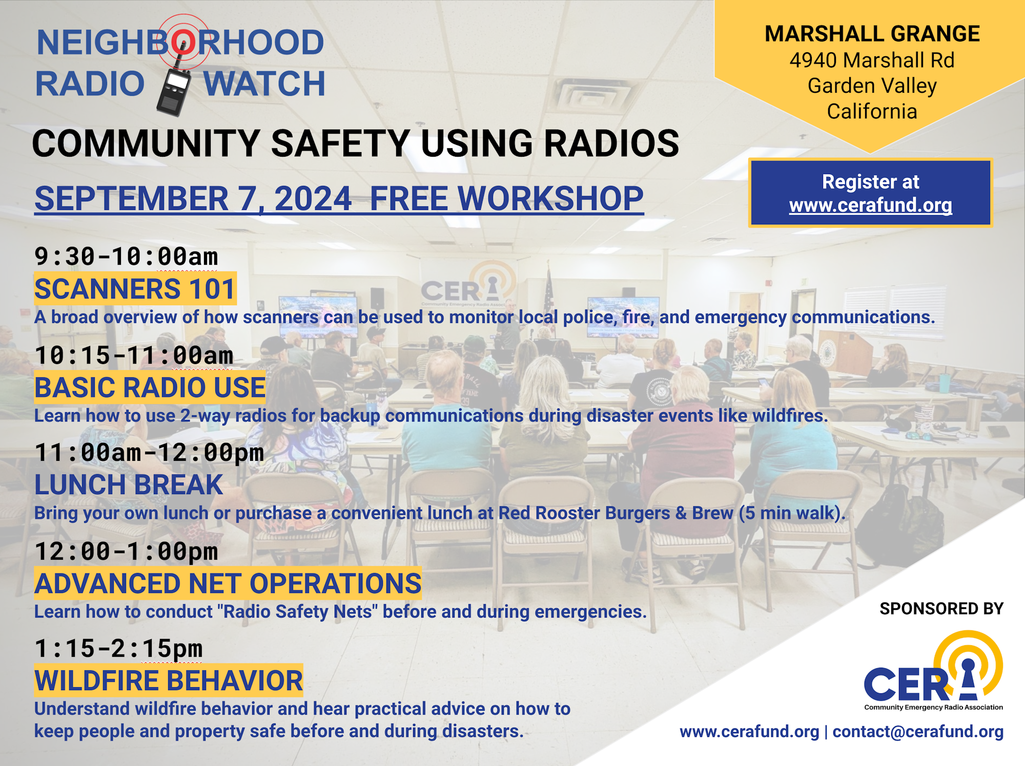 Flyer for a free training workshop scheduled for September 7, 2024 sponsored by the Community Emergency Radio Association promoting community safety using radios.