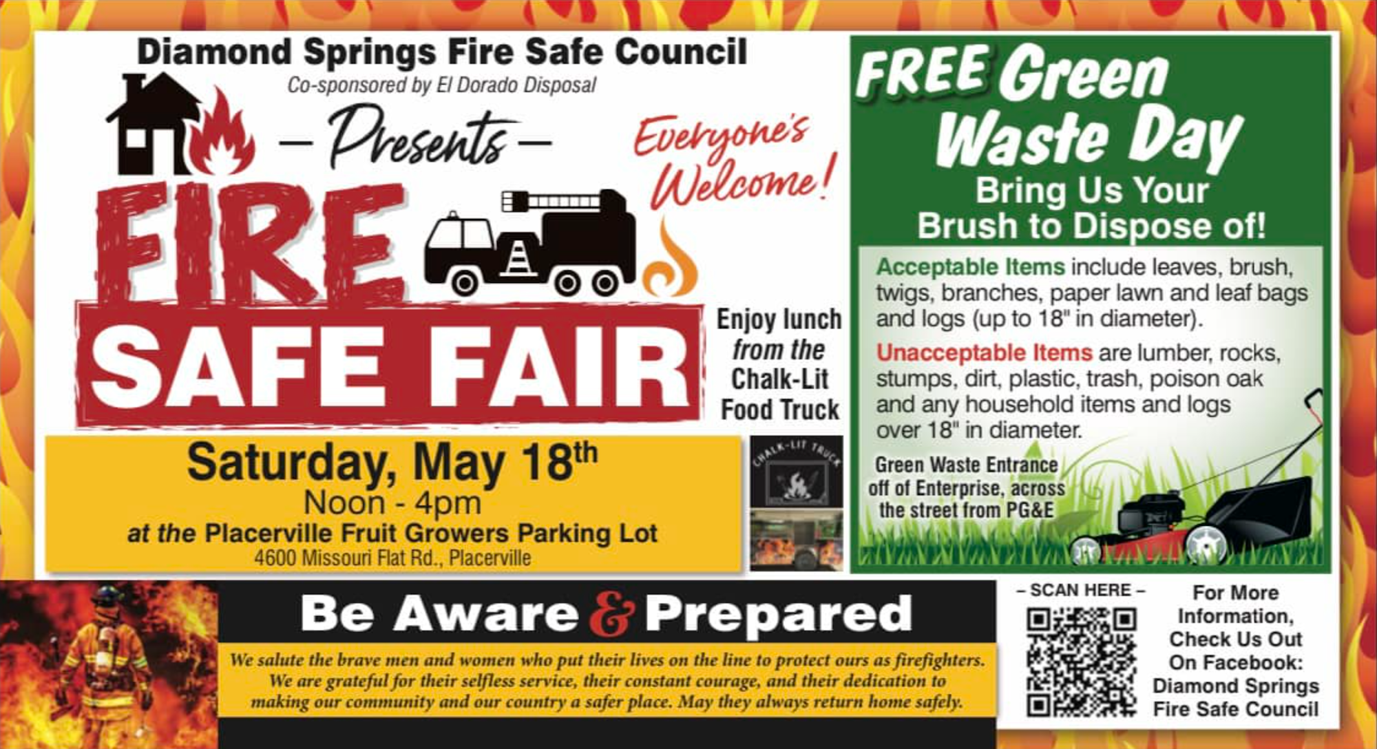 Flyer for a Fire Safe Fair event with free green waste disposal, food truck, and tributes to firefighters. Happening May 18th, noon-4 pm.