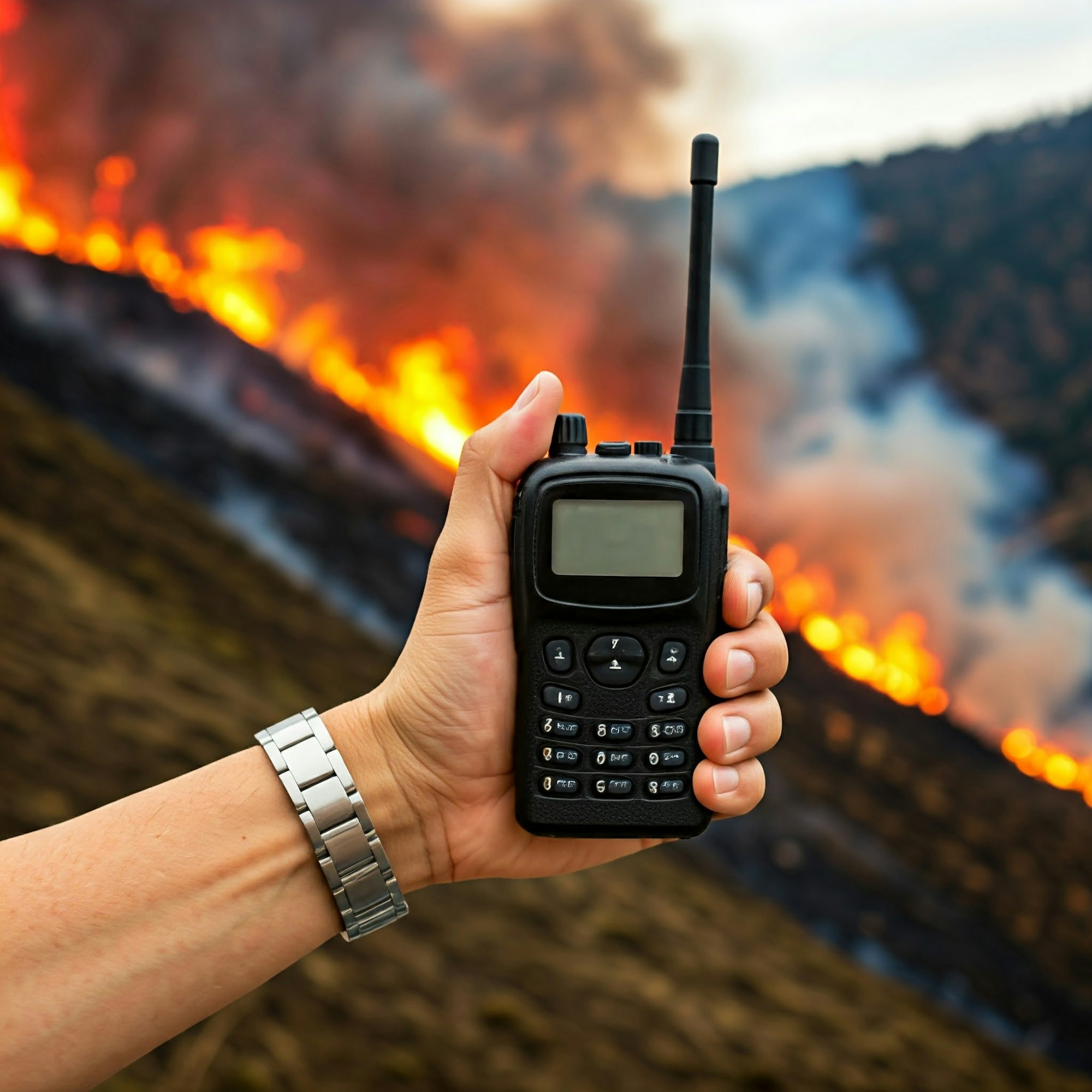 A Gemini AI-generated photo of a hand holding a walkie-talkie with a wildfire in the background.