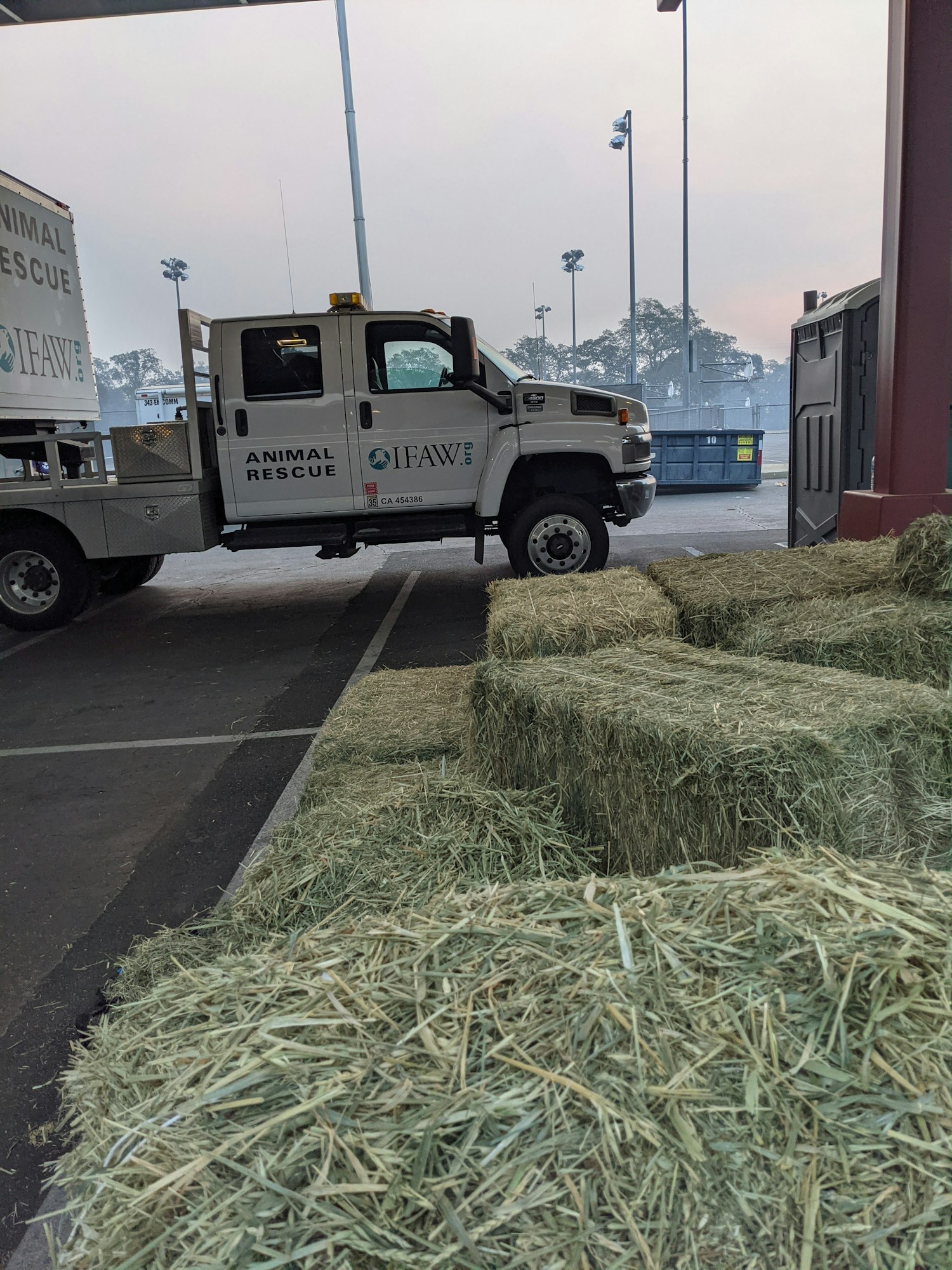 Hay and other animal feed supplies at Caldor Fire Animal Rescue Command Center staging area