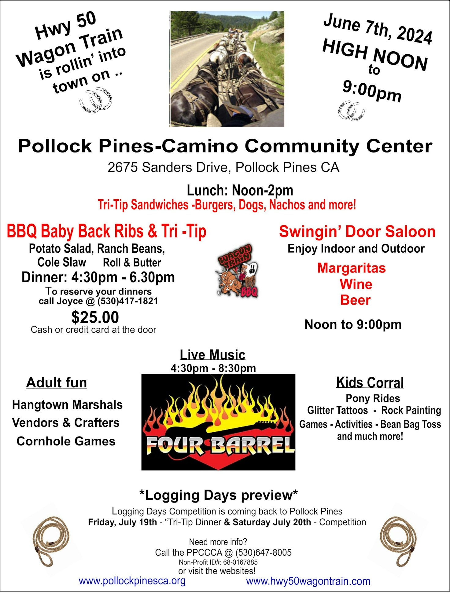 A flyer for an event on June 7, 2024, at Pollock Pines-Camino Community Center with food, live music, and activities.